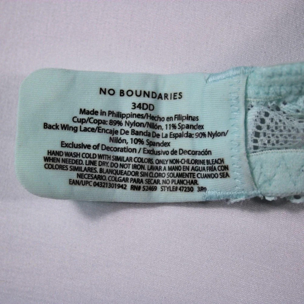 No Boundaries Bra Womens Size 34DD Sky Blue Adjustable Straps Cute Floral Design